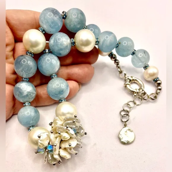 Gorgeous Aquamarine Beaded Necklace Fresh Water Pearls Crystal Spacers 925 - Picture 4 of 11